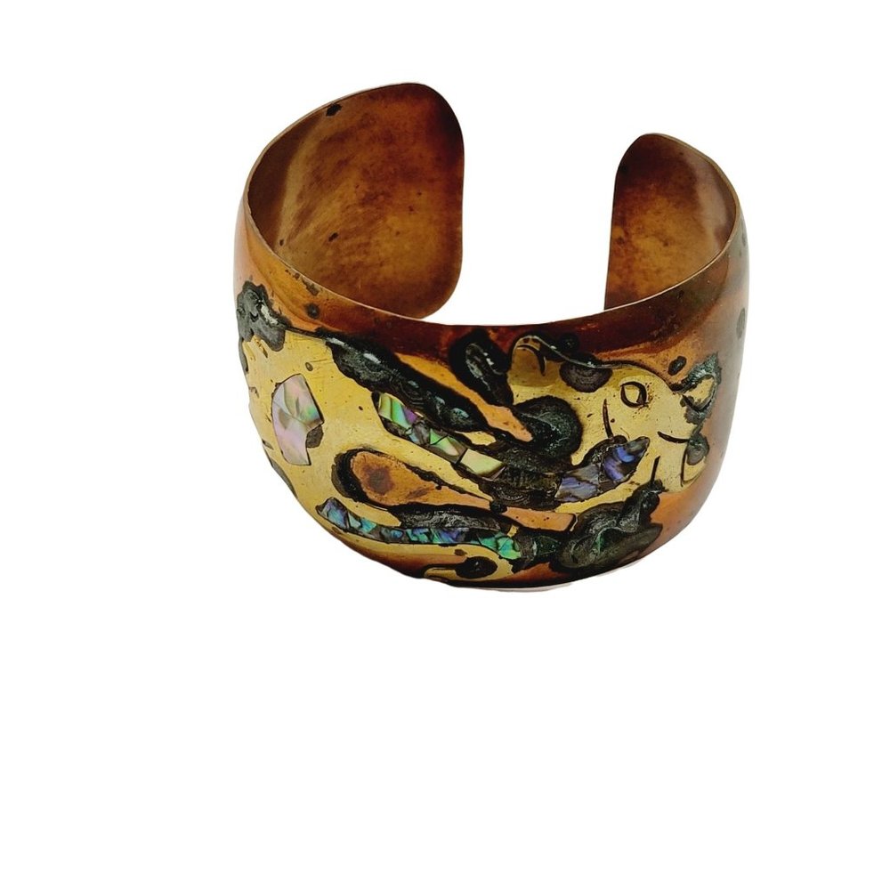 Figural Creature Copper Cuff Bracelet w/ Inlay Abalone (A325)